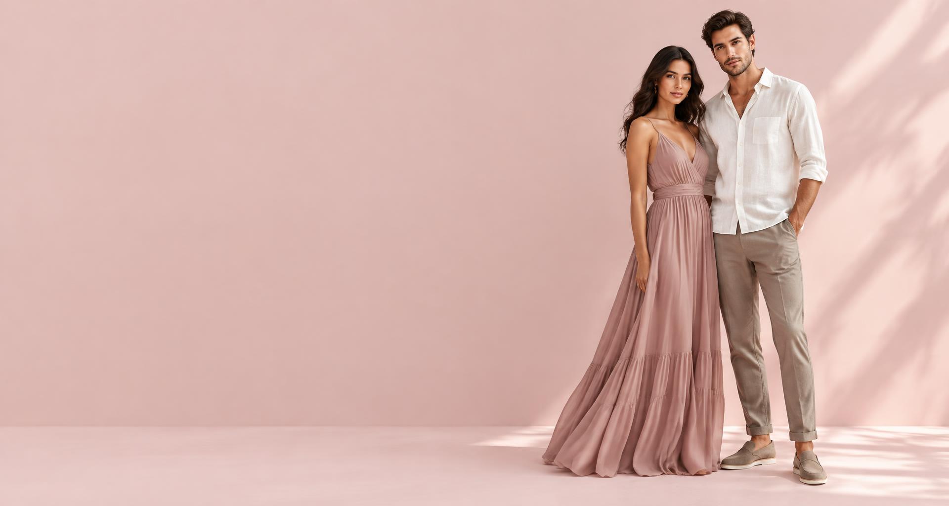 Coleção de moda: vestido rosé e camisa de linho